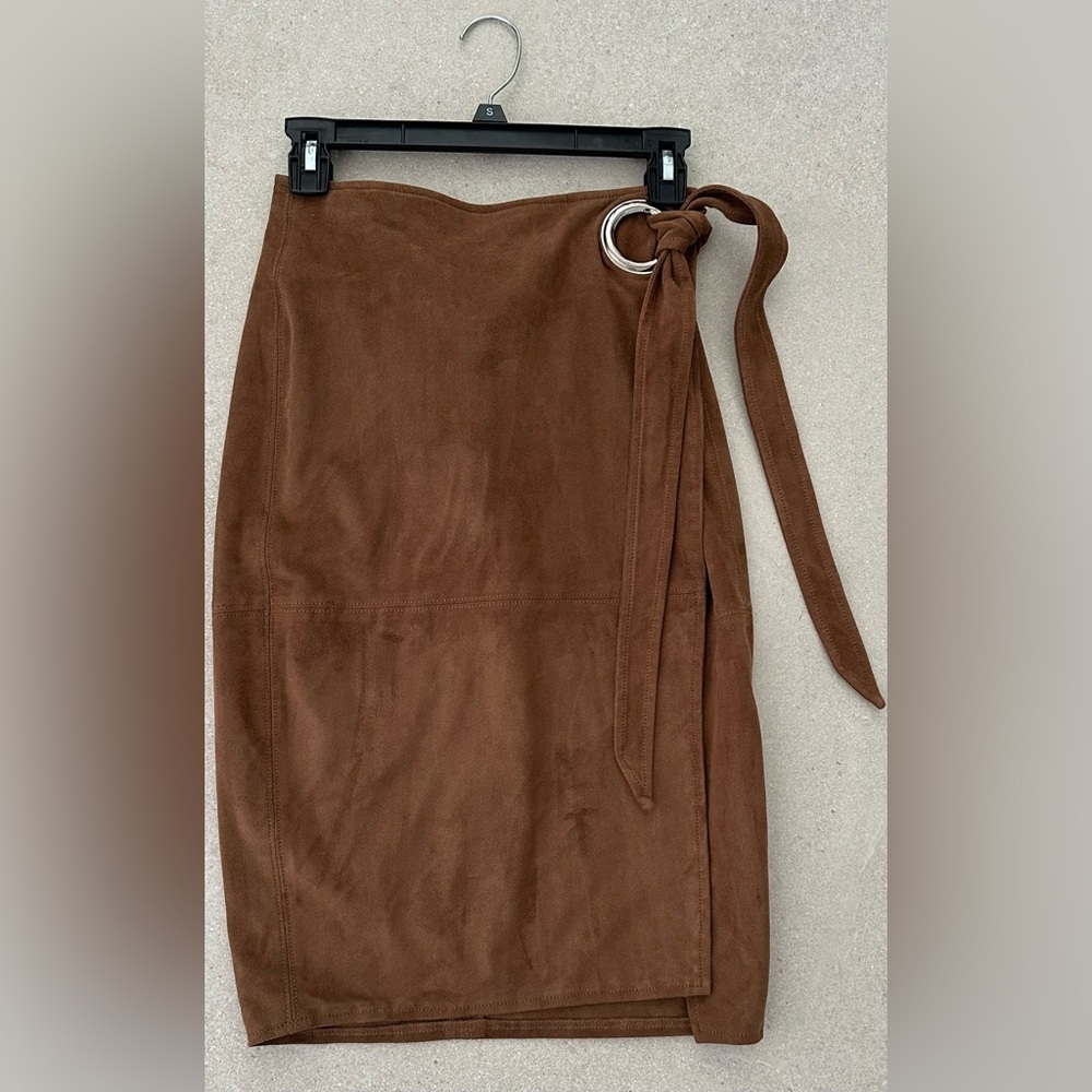 Express Brown Suede Faux leather Wrap- Skirt with Tie Detail